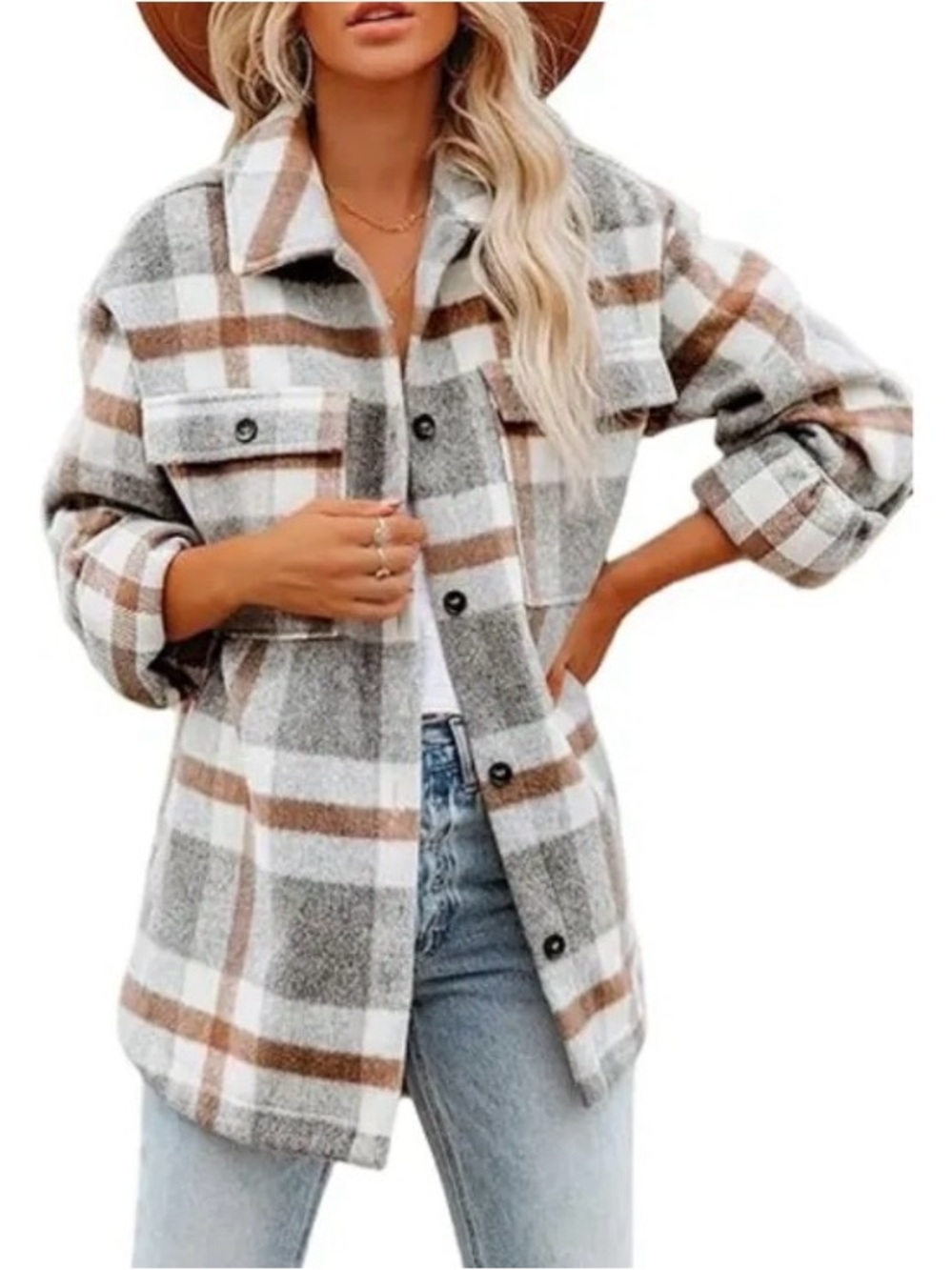 Women's Oversized Small S Plaid Shacket Jacket Gray White Brown Fleece Faux-wool